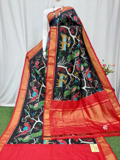 Ikkat Silk Black With Red Color Saree