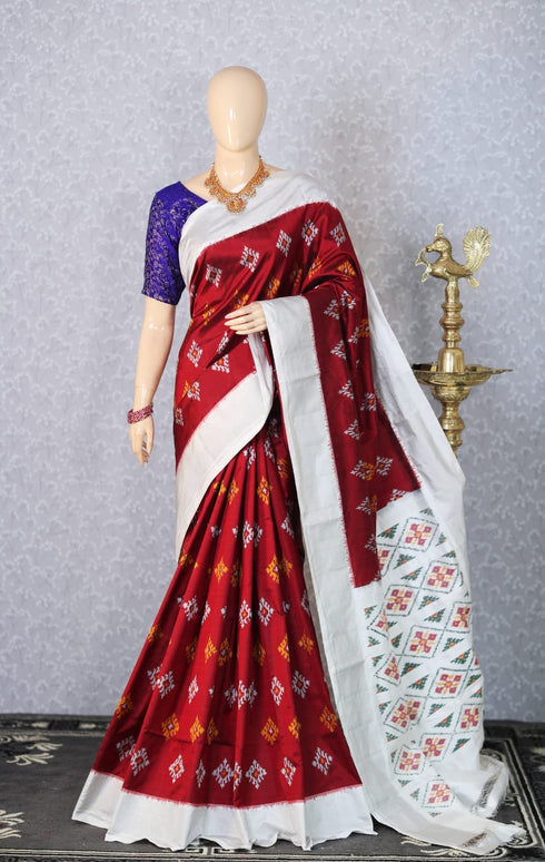 Ikkat Silk Maroon With White Color Saree