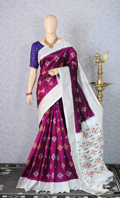 Ikkat Silk Mejenta Pink With White Color Saree