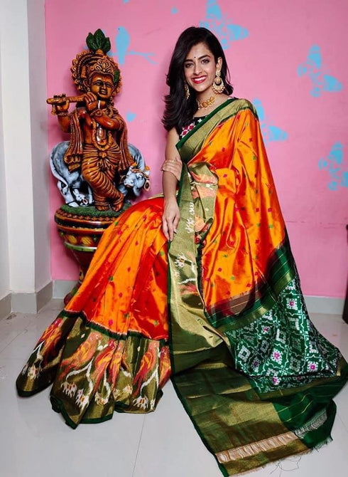 Yellow With Green Color Ikkat Silk Saree