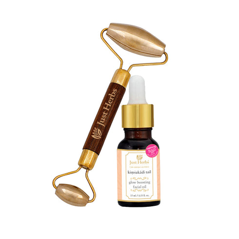 Just Herbs Glow Boosting Duo - Kansa Roller Face Massage Tool 110g + Kimsukadi Oil 30ml