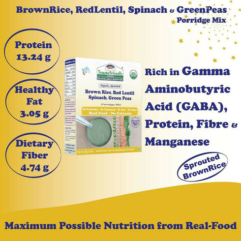 TummyFriendly Foods Certified Organic Sprouted Brown Rice | Red Lentil | Spinach | Green Peas Porridge Mix