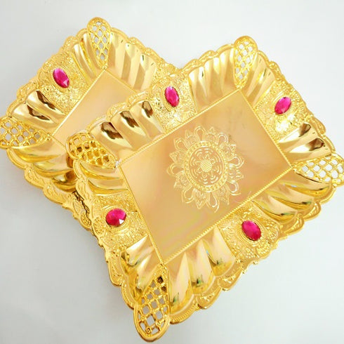 Fancy Gold Color Tray With Pink Studs - 125gms