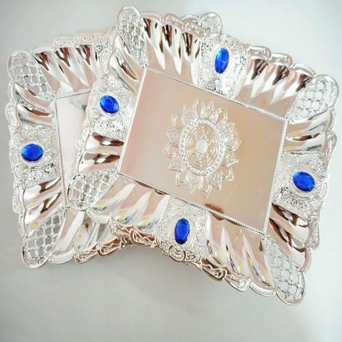 Fancy Silver Color Tray With Royal Blue Studs - 125gms