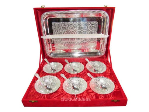 4 Inch Silver Plated Six Bowl Set With Tray - 2000gms