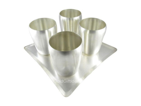 German Silver Matka Pot Cups 4 With Tray - 1000gms