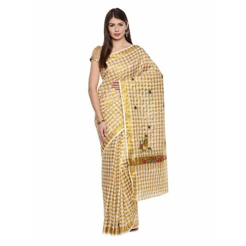 Cream Golden Peacock Embroidered Kerala Saree