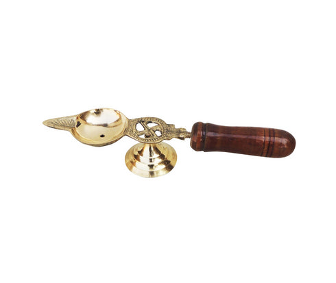 Brass Oil Lamp Deepak With Wooden Handle 0.04Kg