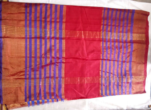 Red Color Saree With Center Butta Lines