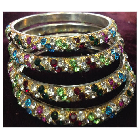 Three Line Stoned Studded Lac Bangles - Multi Color