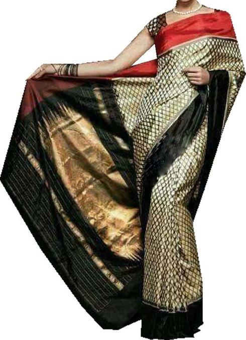 Cream With Red And Black Border Colour Ikkat Saree