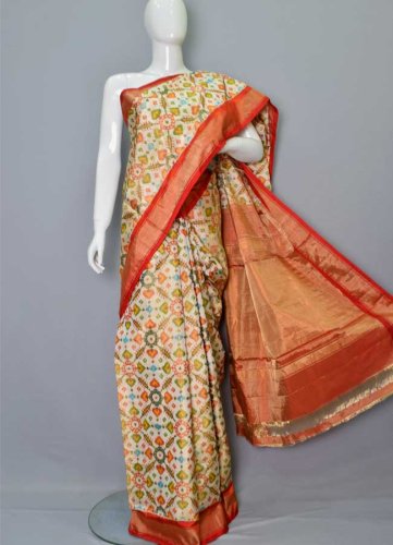 Ikkat Full Tissue Cream Color Saree