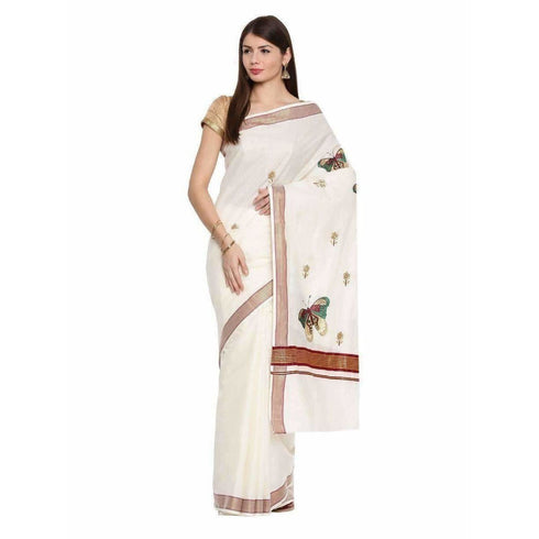 Kerala Cream Saree - Butterfly Embroidered