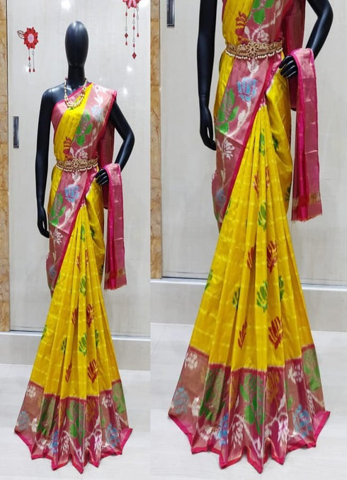 Ikkat Silk Yellow With Pink Color Jari Checks Saree