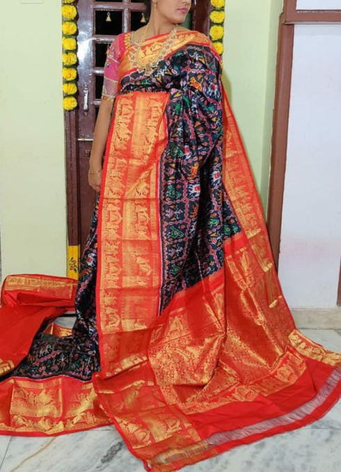 Black And Red Color Ikkat Kanchi Border Saree