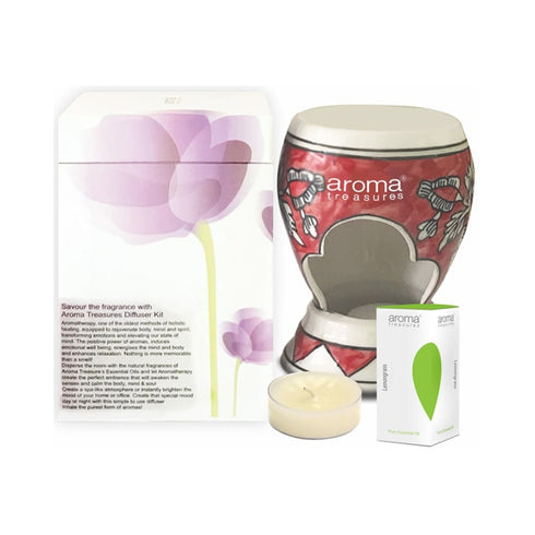 Aroma Treasures Candle Ceramic Diffuser (With 2 Candles and 1 Bottle of 10ml Lemongrass Pure Essential Oil) packet of 1 Kit