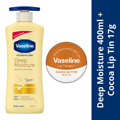 Vaseline Deep Moisture Lotion With Cocoa Lip Tin For Moisturized Skin and Healthy Lips