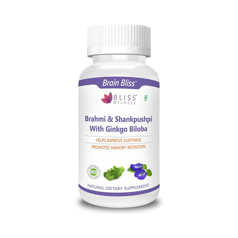 Bliss Welness Brain Bliss Brahmi & Shankpushpi with Ginkgo Biloba Vegetarian Capsules X 2 Pcs