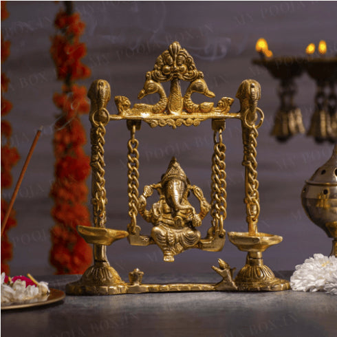 Brass Ganesh Jhula with Parrot and Deepak 1.76kg