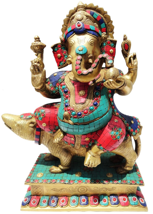 Brass Ganesh Ji Sitting On Rat Statue 14.348Kg