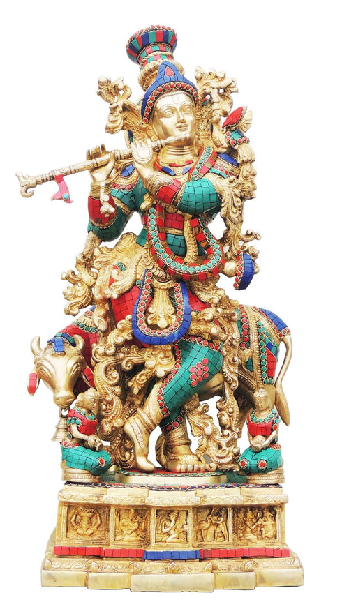 Brass Cow Krishna Big Stone Idol 32.93Kg