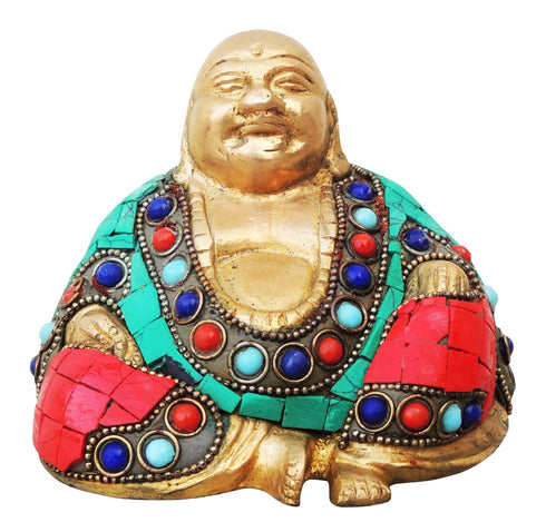 Brass Laughing Buddha Statue With Turquoise Coral 0.805Kg