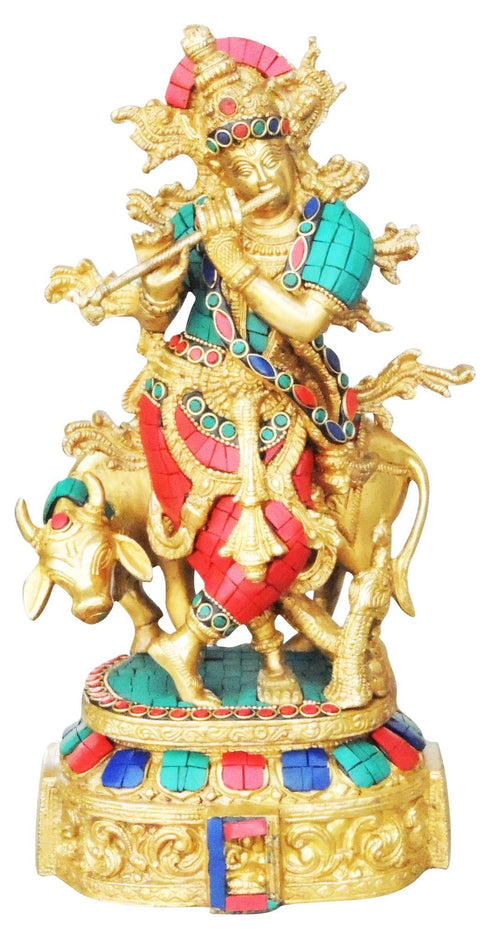 Brass Cow Krishna Stone Idol 5.086Kg