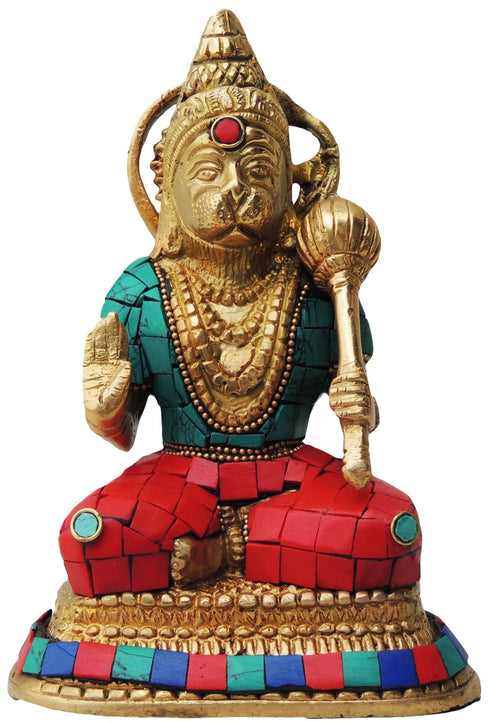 Brass Hanuman With Turquoise Coral Statue 1.346Kg
