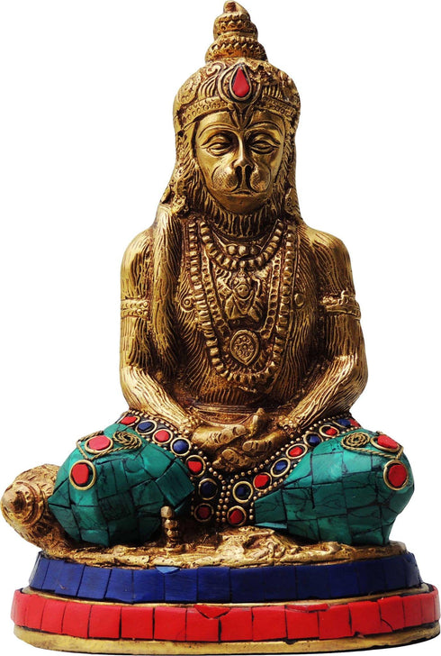 Brass Hanuman With Turquoise Coral Statue 1.63Kg