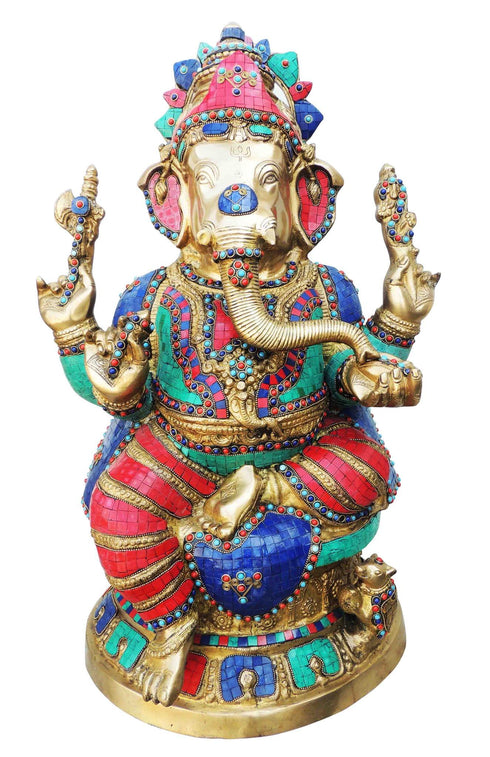 Brass Ganesh Ji Big Stone God Idol Statue 31.12Kg