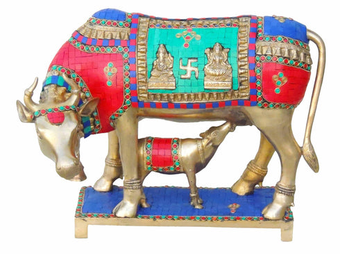 Brass Cow With Calf Stone Statue 13.44Kg