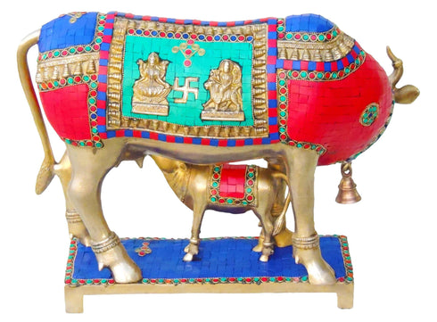 Brass Cow With Calf Stone Statue 13.44Kg