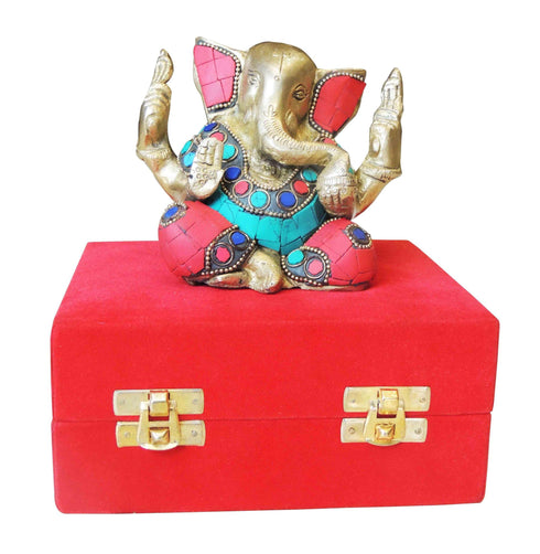 Brass Ganesh Ji Stone Statue With Velvet Box 1Kg