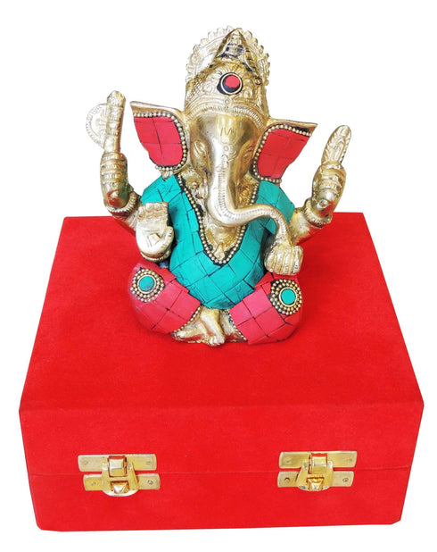 Brass Ganesh Ji Stone Statue With Velvet Box 1Kg
