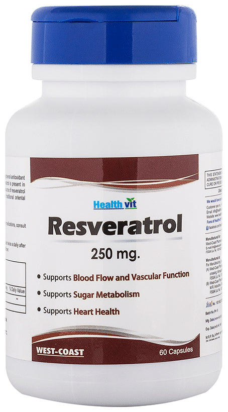 HealthVit Resveratrol 250mg, Blood Flow & Vascular Function, Sugar Metabolism, Healthy Heart Capsule bottle of 60 capsules