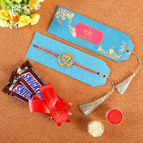 Om Metal Rakhi & Snickers Chocolates