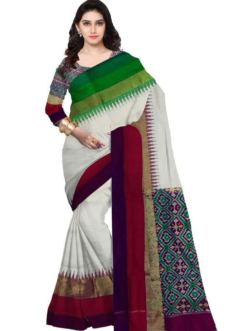 Cream With Purple And Green Color Silk Ikkat Saree