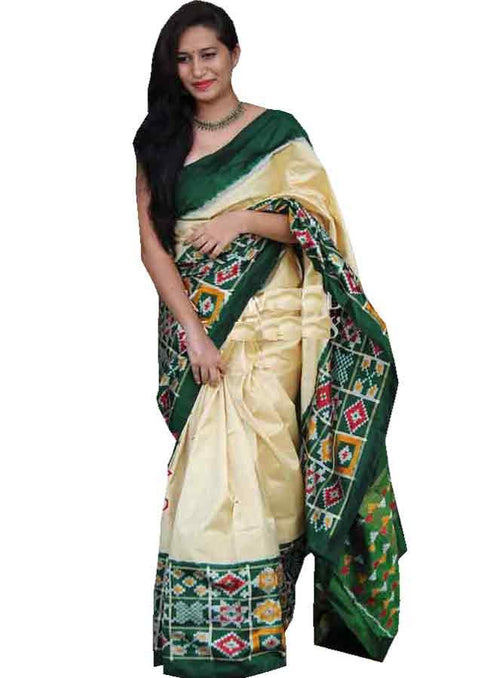 Cream With Bottle Green Color Ikkat Saree