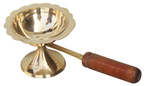 Brass Oil Lamp Deepak With Wooden Handle 0.11Kg
