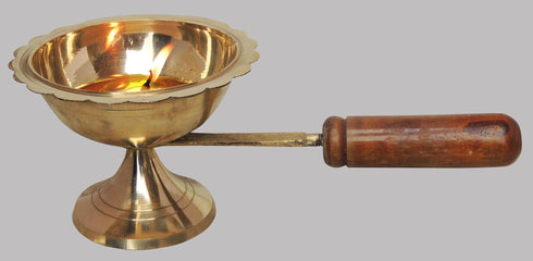 Brass Oil Lamp Deepak With Wooden Handle 0.13Kg