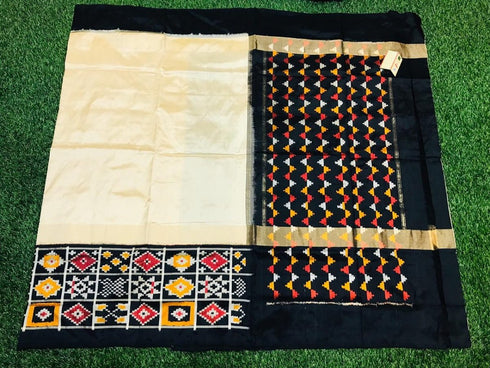 Cream With Black Color Ikkat Saree