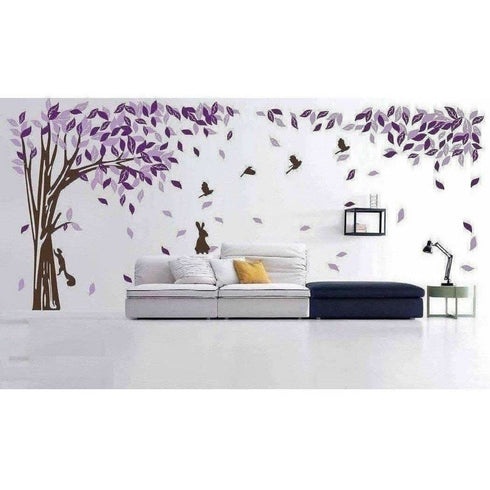 Beautiful Large Purple Tree Birds Squirrel Rabbit (12 Feet(W)*6.5 Feet(H)) Wall Sticker