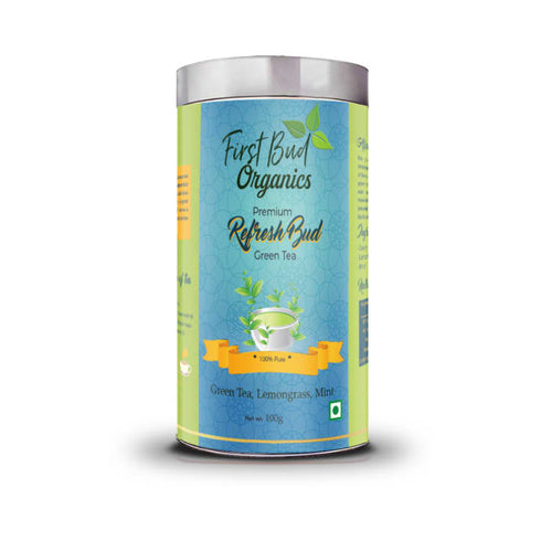 First Bud Organics Premium Refresh Bud Green Tea Tin of 100 g Tea