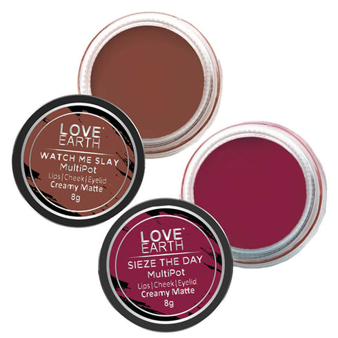 Love Earth Lip Tint and Cheek Tint Multipot Combo Raspberry Pink and Caramel Brown