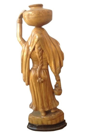 White Wood Lady With A Pot Statue