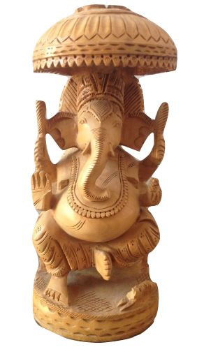 White Wood Ganesh With Umbrella Statue