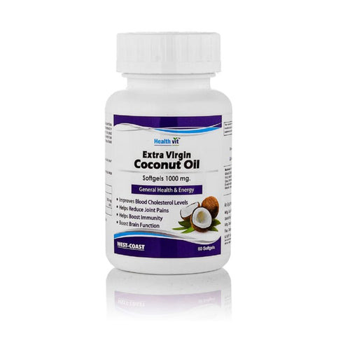 HealthVit Extra Virgin Coconut Oil 1000mg Softgels, bottle of 60 soft gelatin capsules