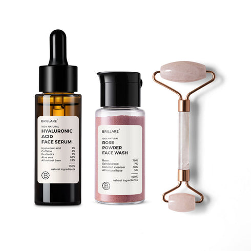 Brillare 2% Hyaluronic Acid Face Serum and Rose Powder Face Wash With Jade Roller