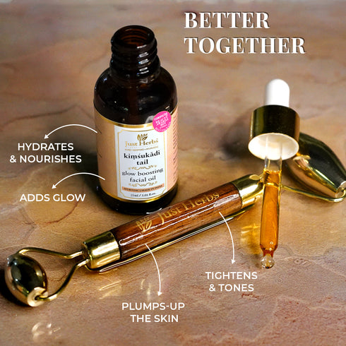 Just Herbs Glow Boosting Duo - Kansa Roller Face Massage Tool 110g + Kimsukadi Oil 30ml