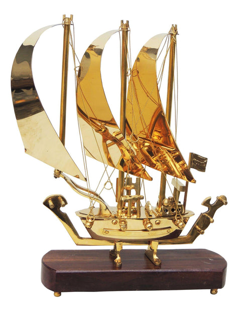 Brass Table Ship With Wooden Base 0.99kg